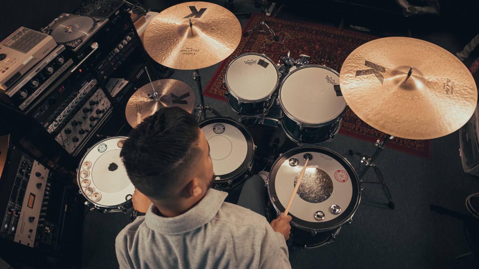 Overhead view of Kevin Michael Chong playing a kit fitted with Big Fat Snare Drum accessories